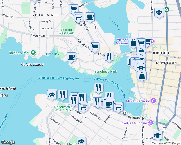 map of restaurants, bars, coffee shops, grocery stores, and more near 55 Songhees Road in Victoria