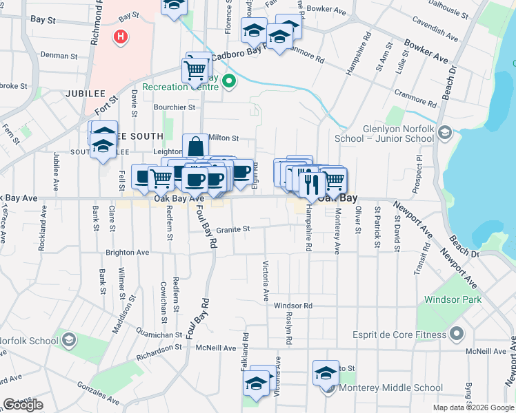 map of restaurants, bars, coffee shops, grocery stores, and more near 2095 Oak Bay Avenue in Victoria