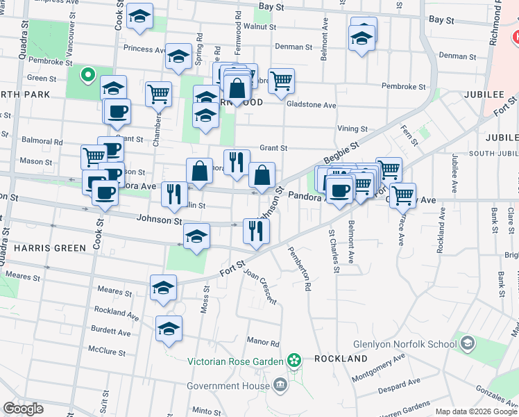 map of restaurants, bars, coffee shops, grocery stores, and more near 1425 Harrison Street in Victoria