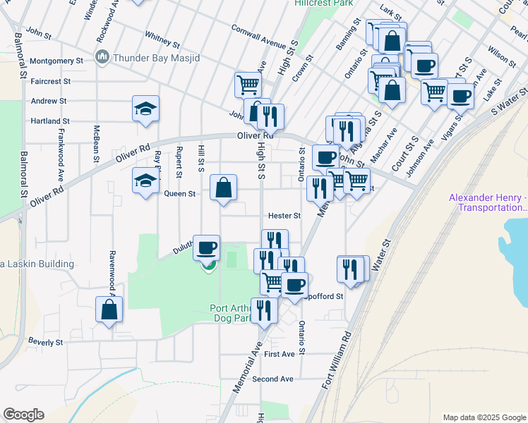 map of restaurants, bars, coffee shops, grocery stores, and more near 361 High Street South in Thunder Bay