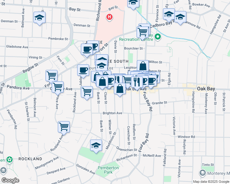 map of restaurants, bars, coffee shops, grocery stores, and more near 1863 Oak Bay Avenue in Victoria
