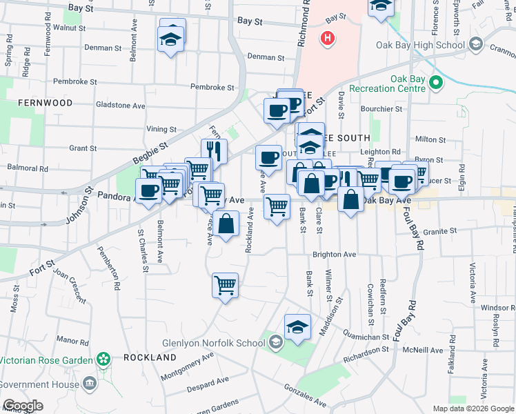 map of restaurants, bars, coffee shops, grocery stores, and more near 1791 Rockland Avenue in Victoria
