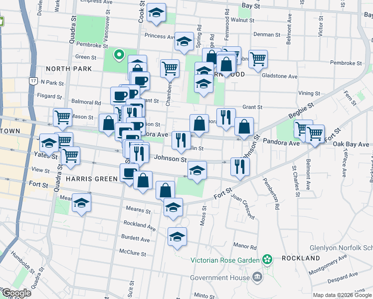 map of restaurants, bars, coffee shops, grocery stores, and more near 1448 Camosun Street in Victoria