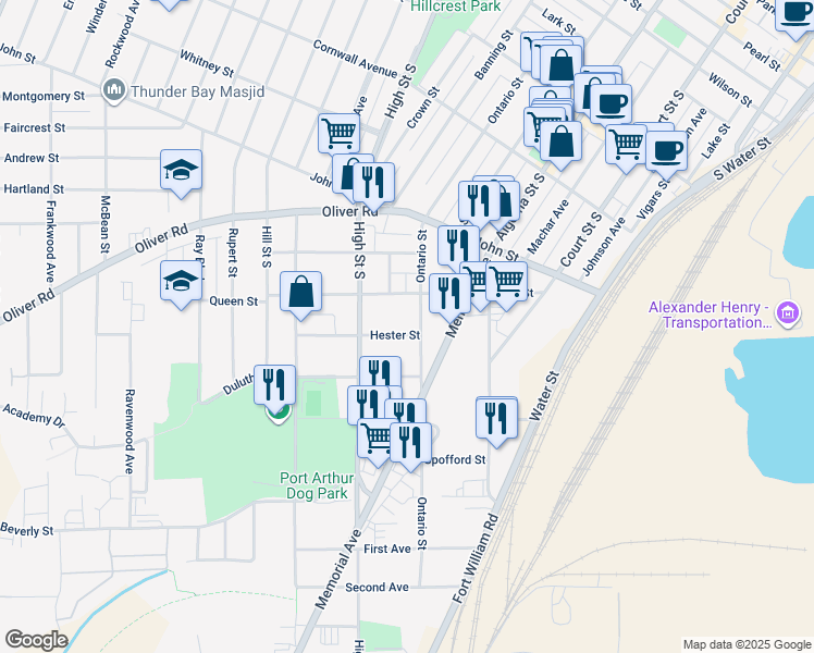 map of restaurants, bars, coffee shops, grocery stores, and more near 356 Hester Street in Thunder Bay
