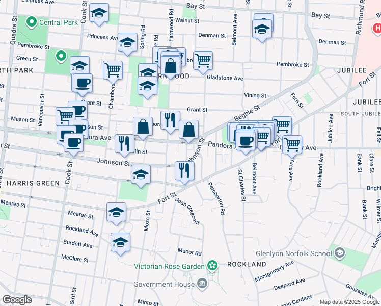 map of restaurants, bars, coffee shops, grocery stores, and more near 1417 Harrison Street in Victoria