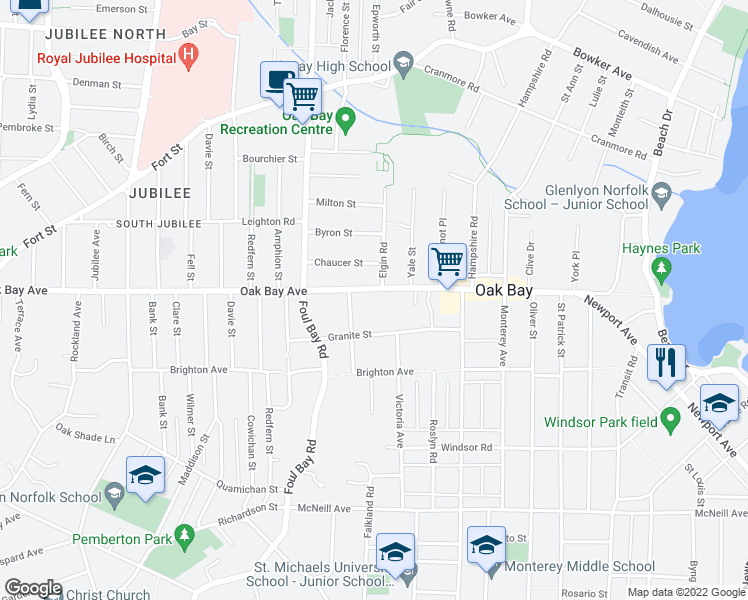 map of restaurants, bars, coffee shops, grocery stores, and more near 2095 Oak Bay Avenue in Victoria