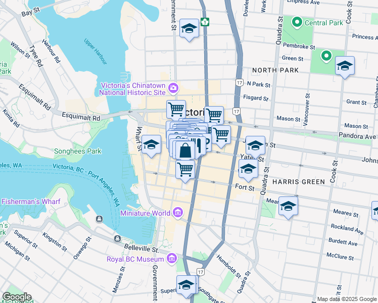 map of restaurants, bars, coffee shops, grocery stores, and more near 1221 Broad Street in Victoria