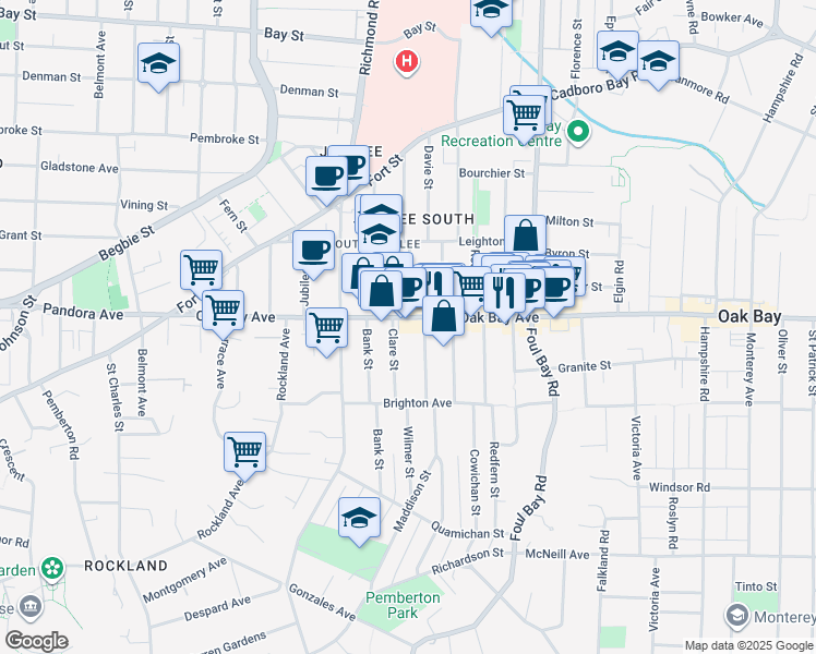 map of restaurants, bars, coffee shops, grocery stores, and more near 1841 Oak Bay Avenue in Victoria