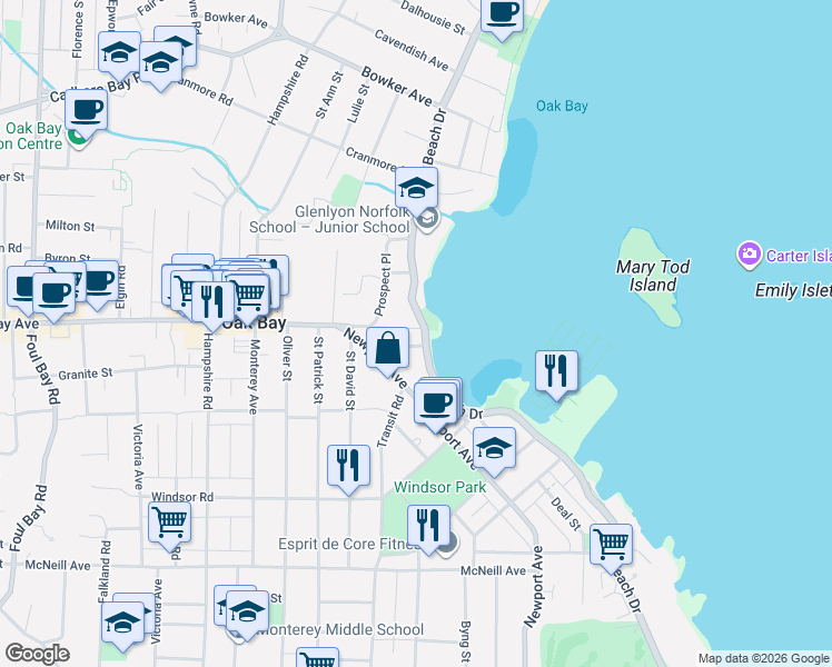 map of restaurants, bars, coffee shops, grocery stores, and more near 1494 Beach Drive in Victoria