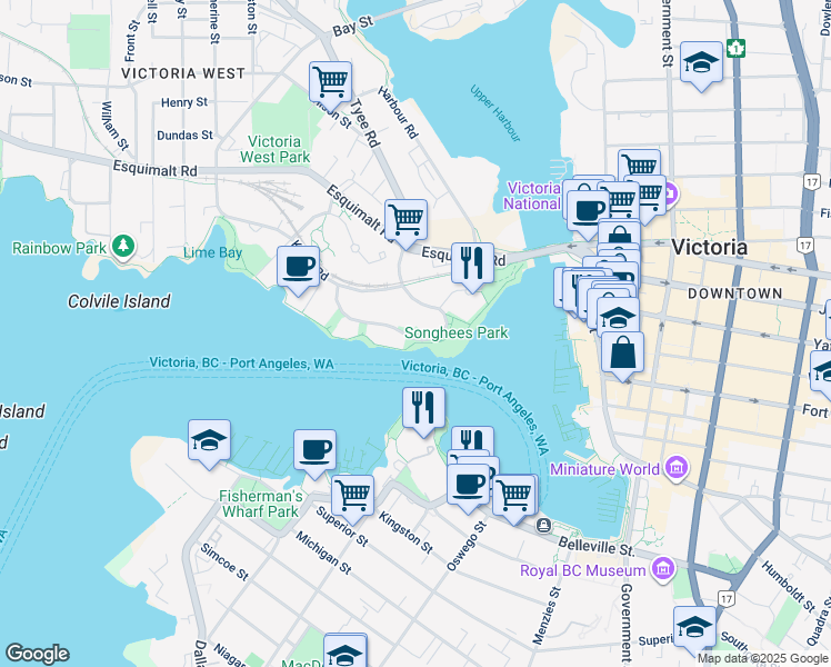 map of restaurants, bars, coffee shops, grocery stores, and more near 56 Songhees Road in Victoria