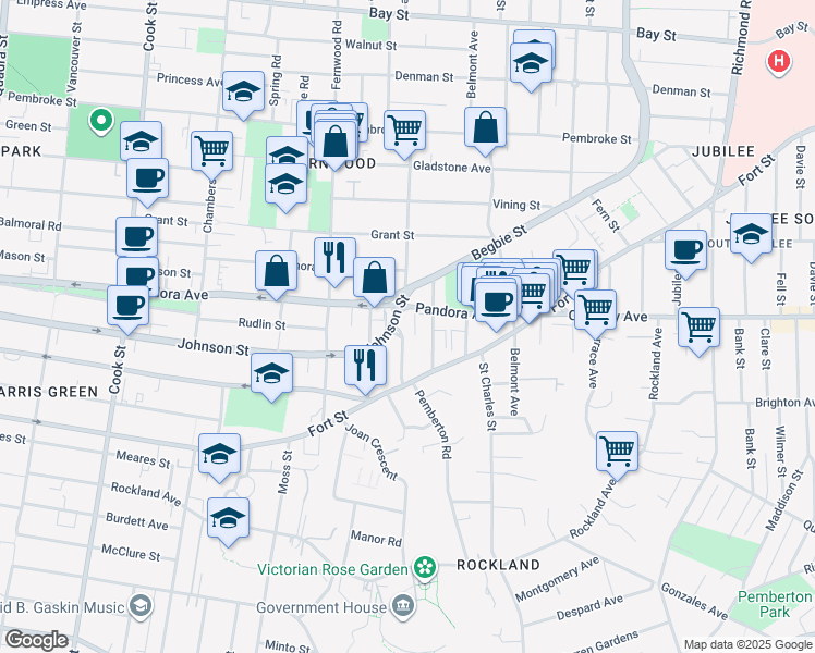 map of restaurants, bars, coffee shops, grocery stores, and more near 1399 Stanley Avenue in Victoria