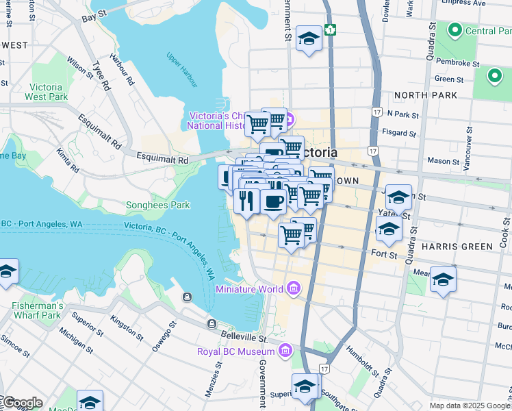 map of restaurants, bars, coffee shops, grocery stores, and more near in Victoria