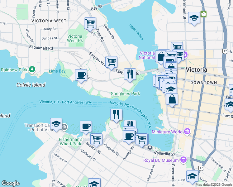 map of restaurants, bars, coffee shops, grocery stores, and more near 56 Songhees Road in Victoria