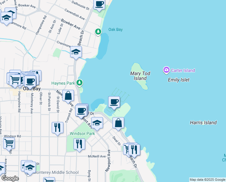 map of restaurants, bars, coffee shops, grocery stores, and more near 1327 Beach Drive in Victoria