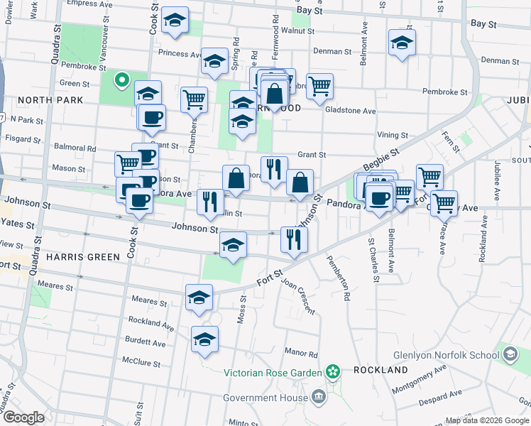 map of restaurants, bars, coffee shops, grocery stores, and more near 1423 Fernwood Road in Victoria