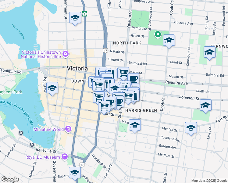 map of restaurants, bars, coffee shops, grocery stores, and more near 858 Yates Street in Victoria