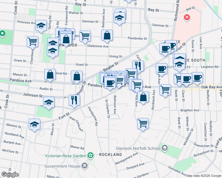 map of restaurants, bars, coffee shops, grocery stores, and more near 1551 Pandora Avenue in Victoria