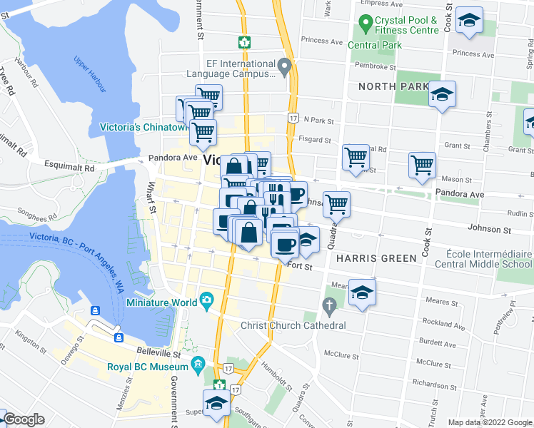 map of restaurants, bars, coffee shops, grocery stores, and more near 733 Yates Street in Victoria