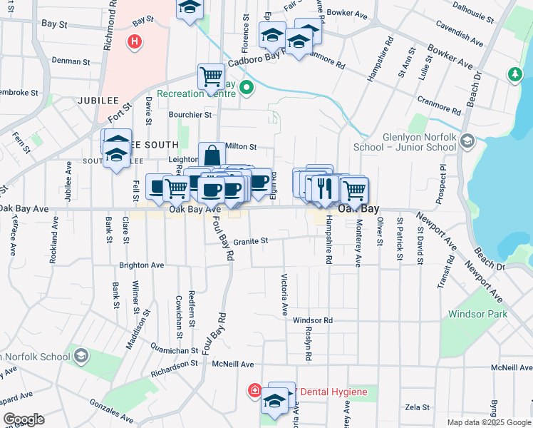 map of restaurants, bars, coffee shops, grocery stores, and more near 2095 Oak Bay Avenue in Victoria