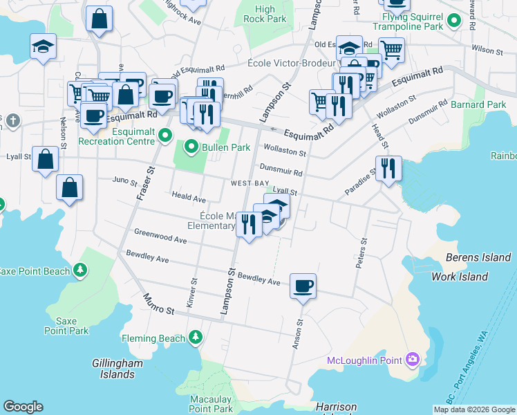 map of restaurants, bars, coffee shops, grocery stores, and more near 1034 Wychbury Avenue in Victoria