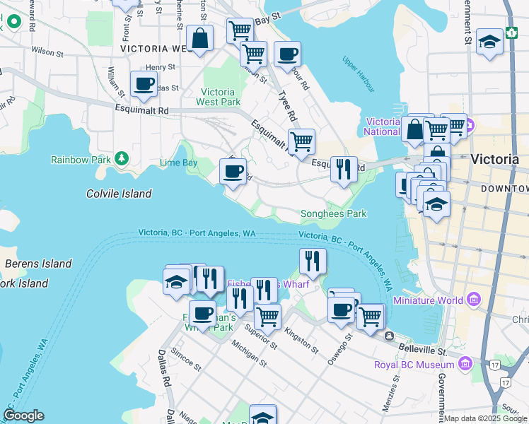 map of restaurants, bars, coffee shops, grocery stores, and more near 65 Songhees Road in Victoria