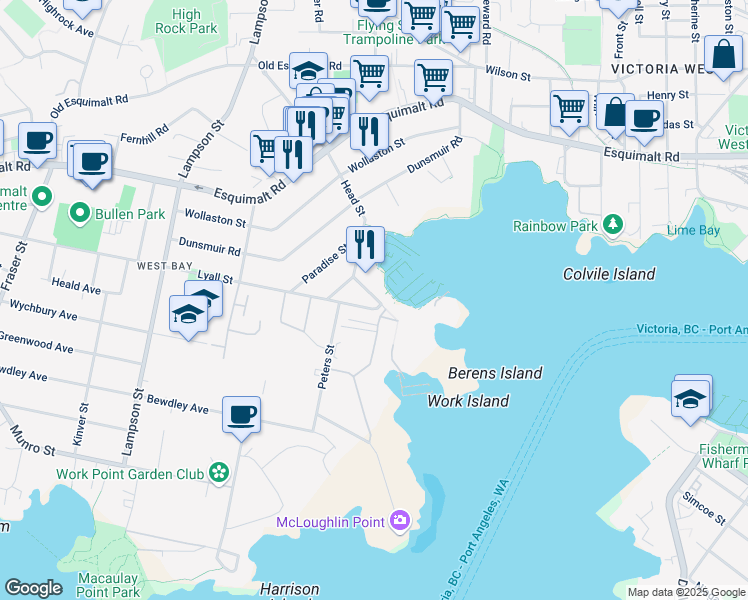 map of restaurants, bars, coffee shops, grocery stores, and more near 908 Lyall Street in Victoria
