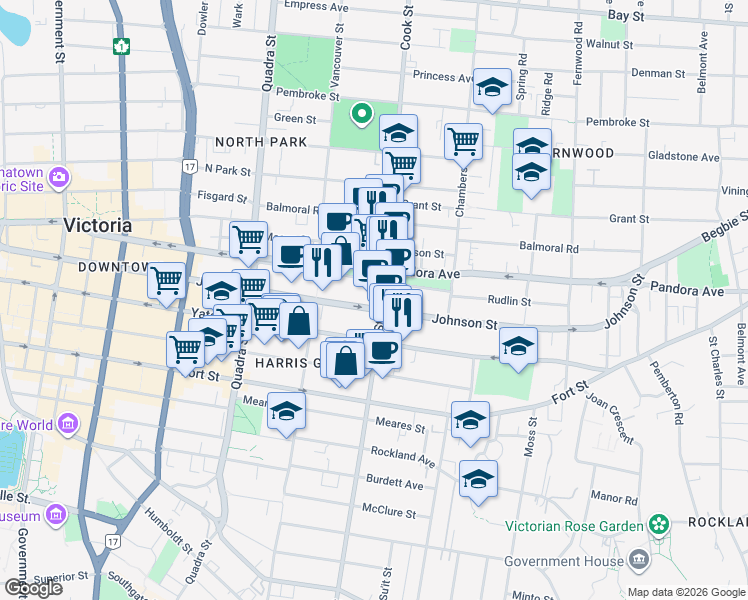 map of restaurants, bars, coffee shops, grocery stores, and more near in Victoria