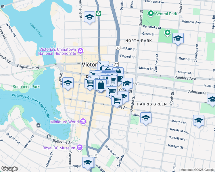 map of restaurants, bars, coffee shops, grocery stores, and more near 733 Yates Street in Victoria