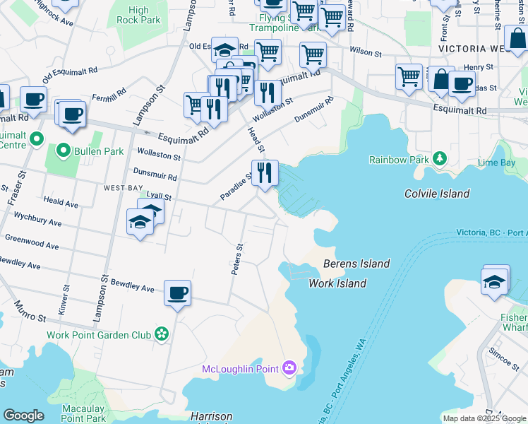 map of restaurants, bars, coffee shops, grocery stores, and more near 908 Lyall Street in Victoria