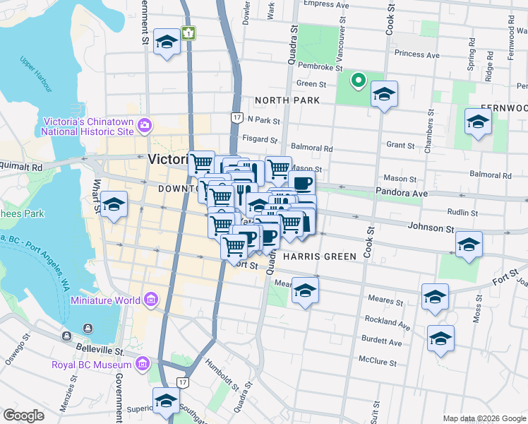map of restaurants, bars, coffee shops, grocery stores, and more near in Victoria