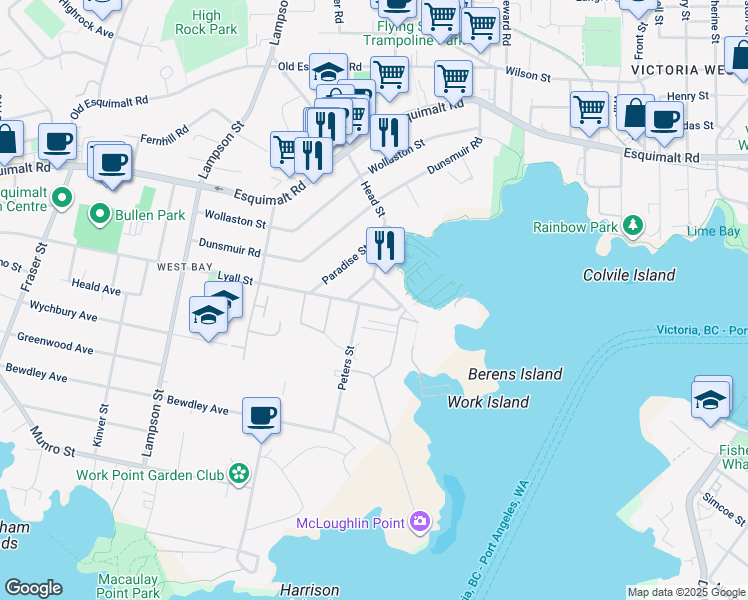 map of restaurants, bars, coffee shops, grocery stores, and more near 916 Lyall Street in Victoria