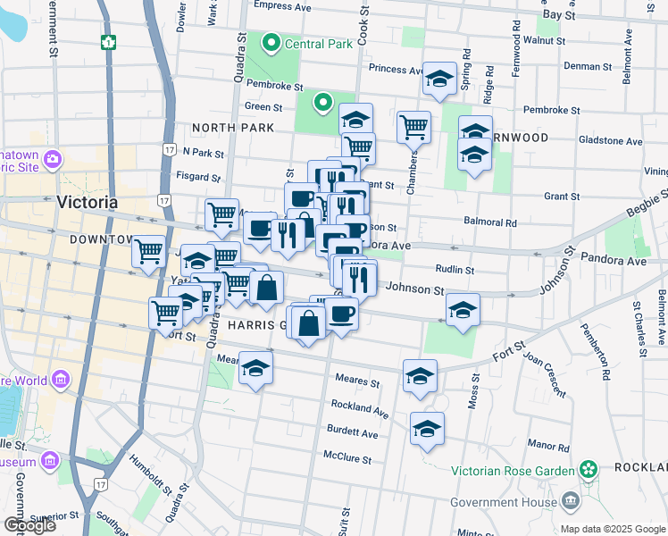 map of restaurants, bars, coffee shops, grocery stores, and more near in Victoria