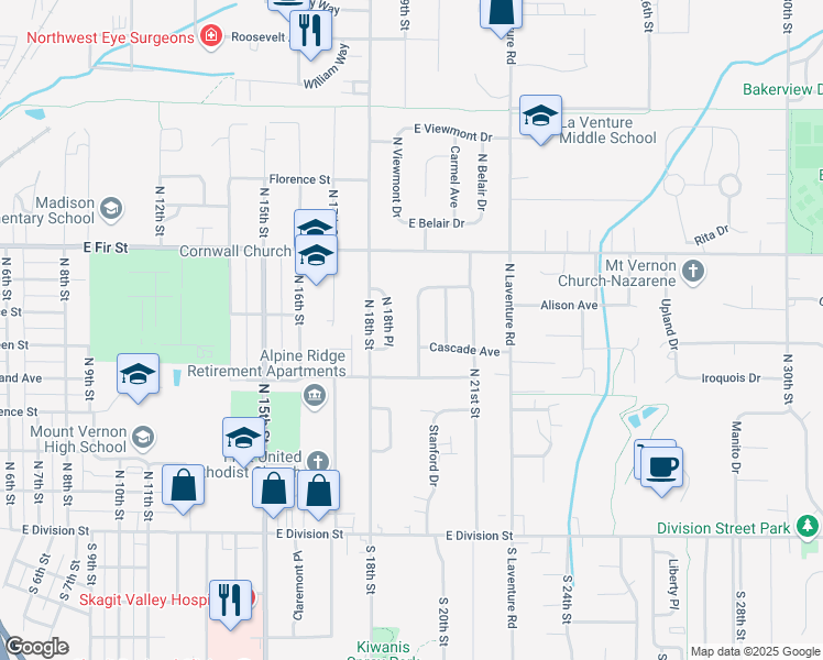 map of restaurants, bars, coffee shops, grocery stores, and more near 611 Mountain View Drive in Mount Vernon