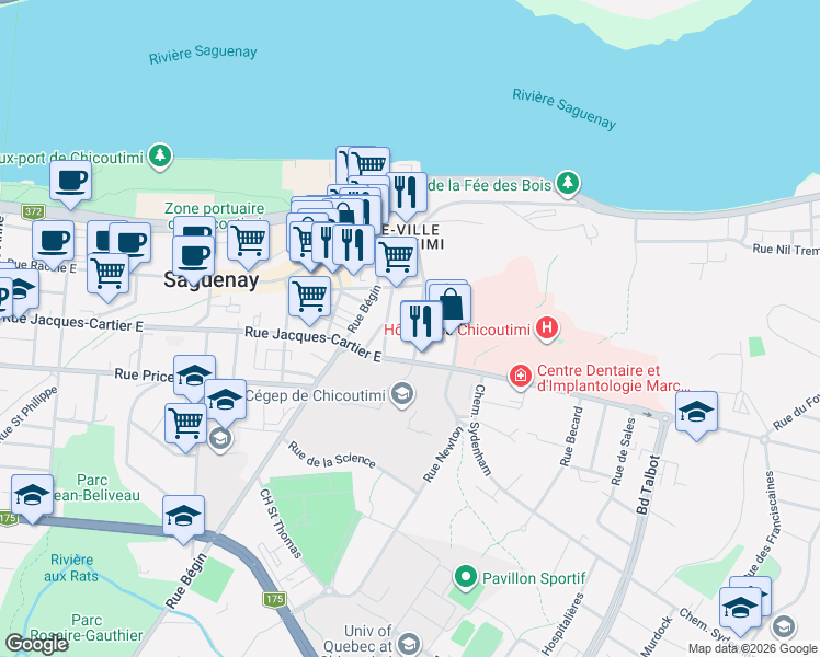 map of restaurants, bars, coffee shops, grocery stores, and more near 316 Rue du Séminaire in Saguenay