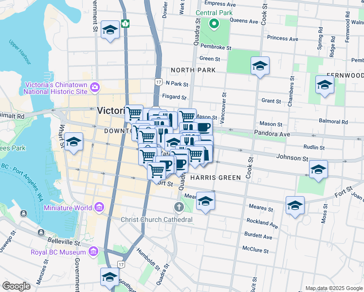 map of restaurants, bars, coffee shops, grocery stores, and more near 851 Johnson Street in Victoria