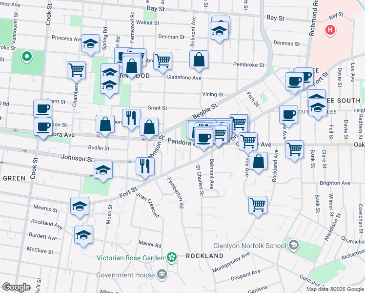 map of restaurants, bars, coffee shops, grocery stores, and more near 1475 Pandora Avenue in Victoria