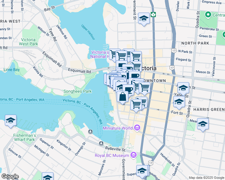 map of restaurants, bars, coffee shops, grocery stores, and more near 1208 Wharf Street in Victoria