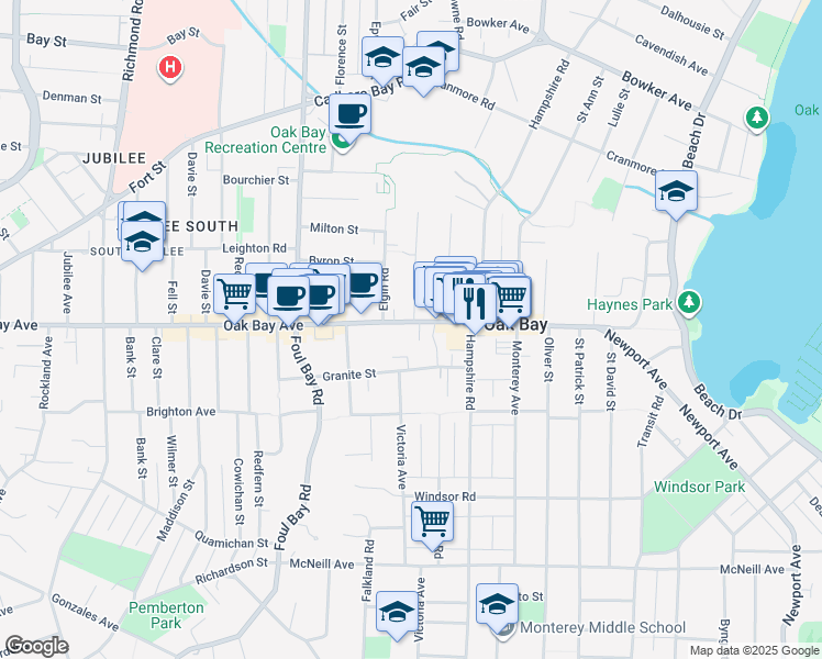 map of restaurants, bars, coffee shops, grocery stores, and more near 2125 Oak Bay Avenue in Victoria