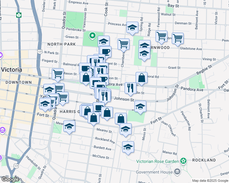 map of restaurants, bars, coffee shops, grocery stores, and more near 1143 Pandora Avenue in Victoria