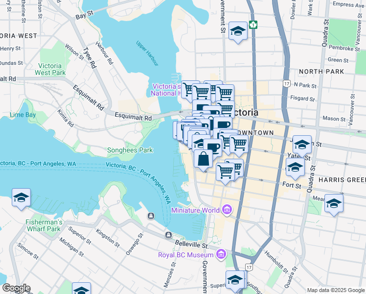 map of restaurants, bars, coffee shops, grocery stores, and more near 1208 Wharf Street in Victoria