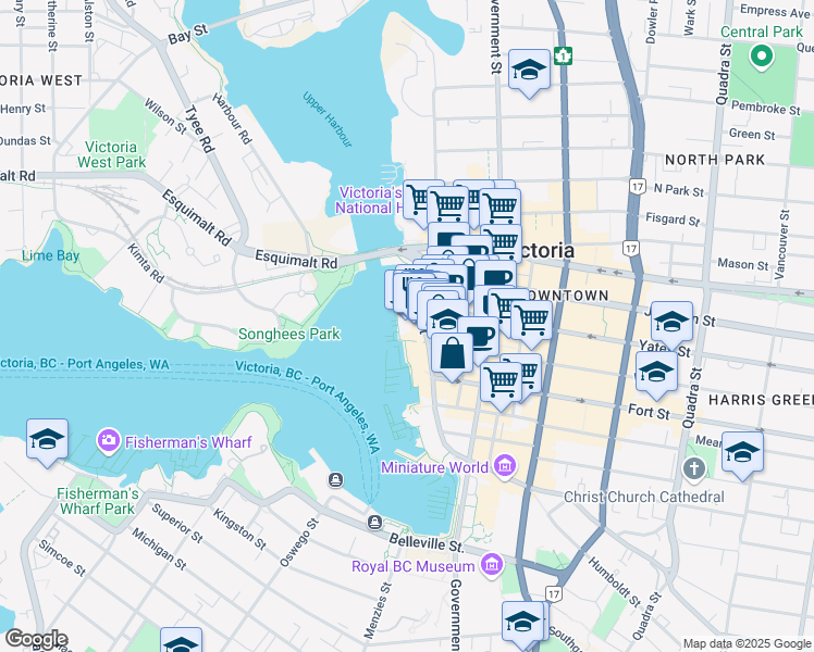 map of restaurants, bars, coffee shops, grocery stores, and more near 1234 Wharf Street in Victoria
