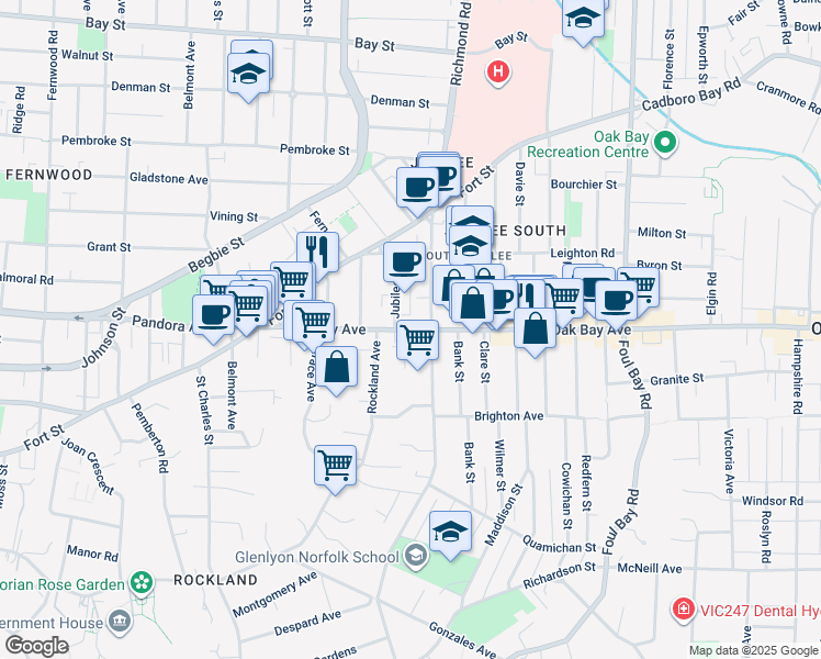 map of restaurants, bars, coffee shops, grocery stores, and more near 1750 Oak Bay Avenue in Victoria