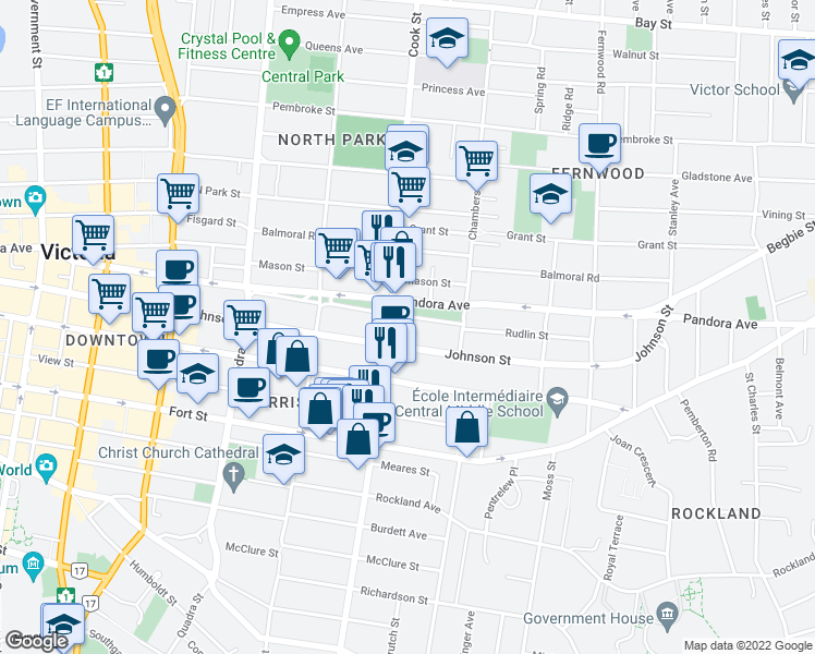 map of restaurants, bars, coffee shops, grocery stores, and more near in Victoria