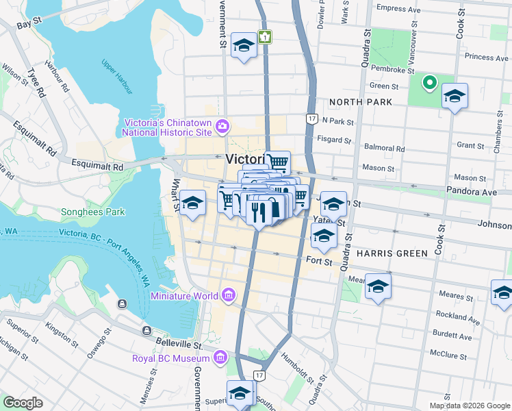 map of restaurants, bars, coffee shops, grocery stores, and more near 654 Yates Street in Victoria