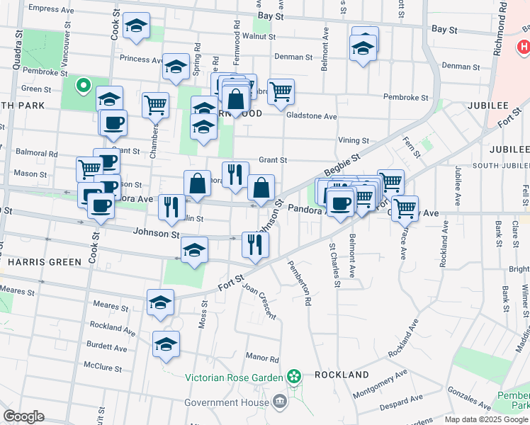 map of restaurants, bars, coffee shops, grocery stores, and more near 1381 Pandora Avenue in Victoria
