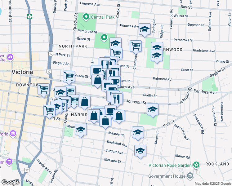 map of restaurants, bars, coffee shops, grocery stores, and more near 1100 Yates Street in Victoria