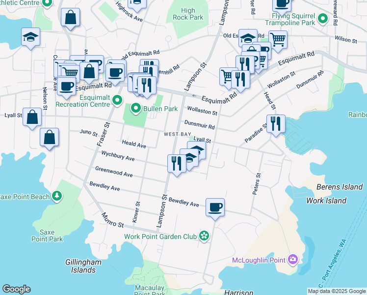 map of restaurants, bars, coffee shops, grocery stores, and more near 1034 Wychbury Avenue in Victoria