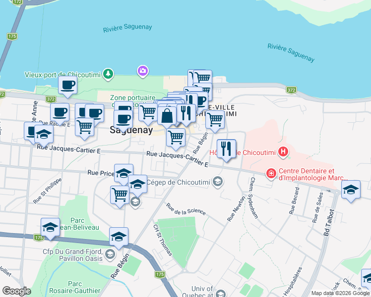 map of restaurants, bars, coffee shops, grocery stores, and more near 311 Rue Riverin in Saguenay