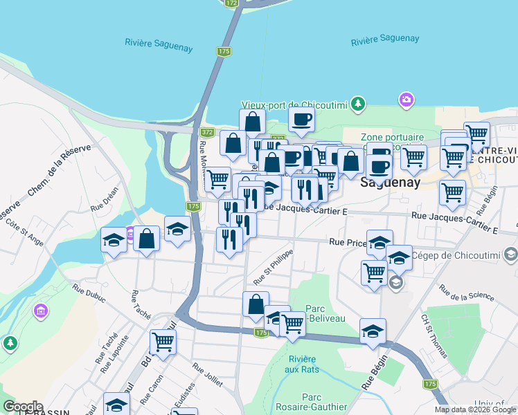 map of restaurants, bars, coffee shops, grocery stores, and more near 16 Rue Jacques-Cartier Est in Saguenay