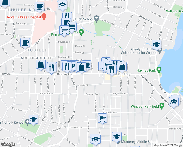 map of restaurants, bars, coffee shops, grocery stores, and more near Oak Bay Avenue in Oak Bay